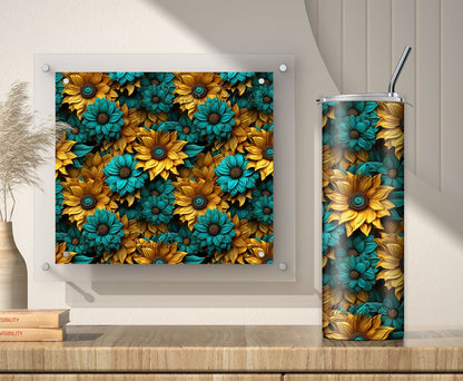 3D Sunflowers Tumbler Wrap, Yellow and Teal Sublimation Design PNG