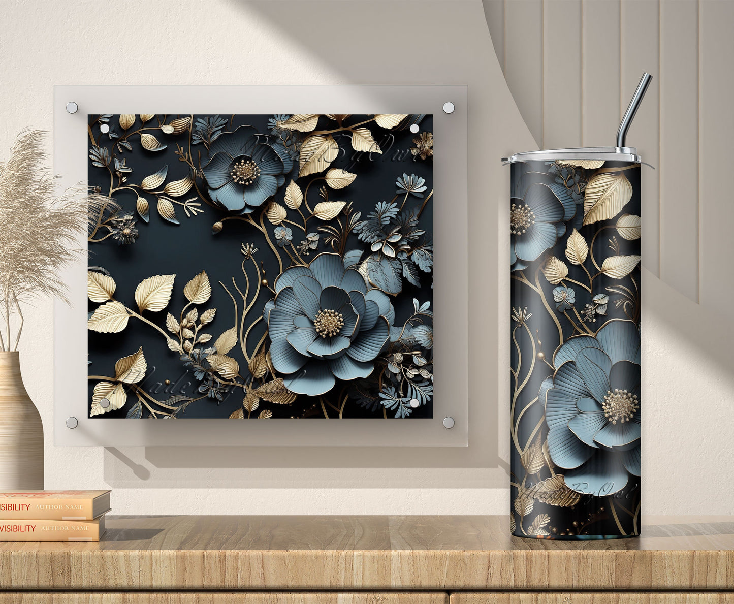 3D Floral Tumbler Wrap, Dusty Blue 20oz Sublimation Design PNG