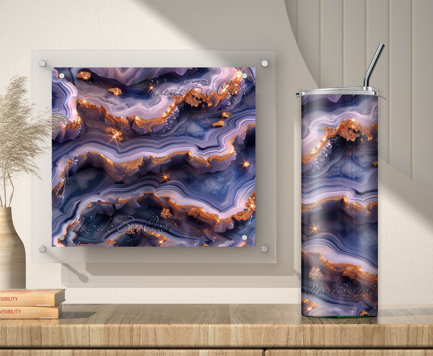 Dusty Blue and Gold Geode Tumbler Wrap, Sublimation Design PNG, 20oz