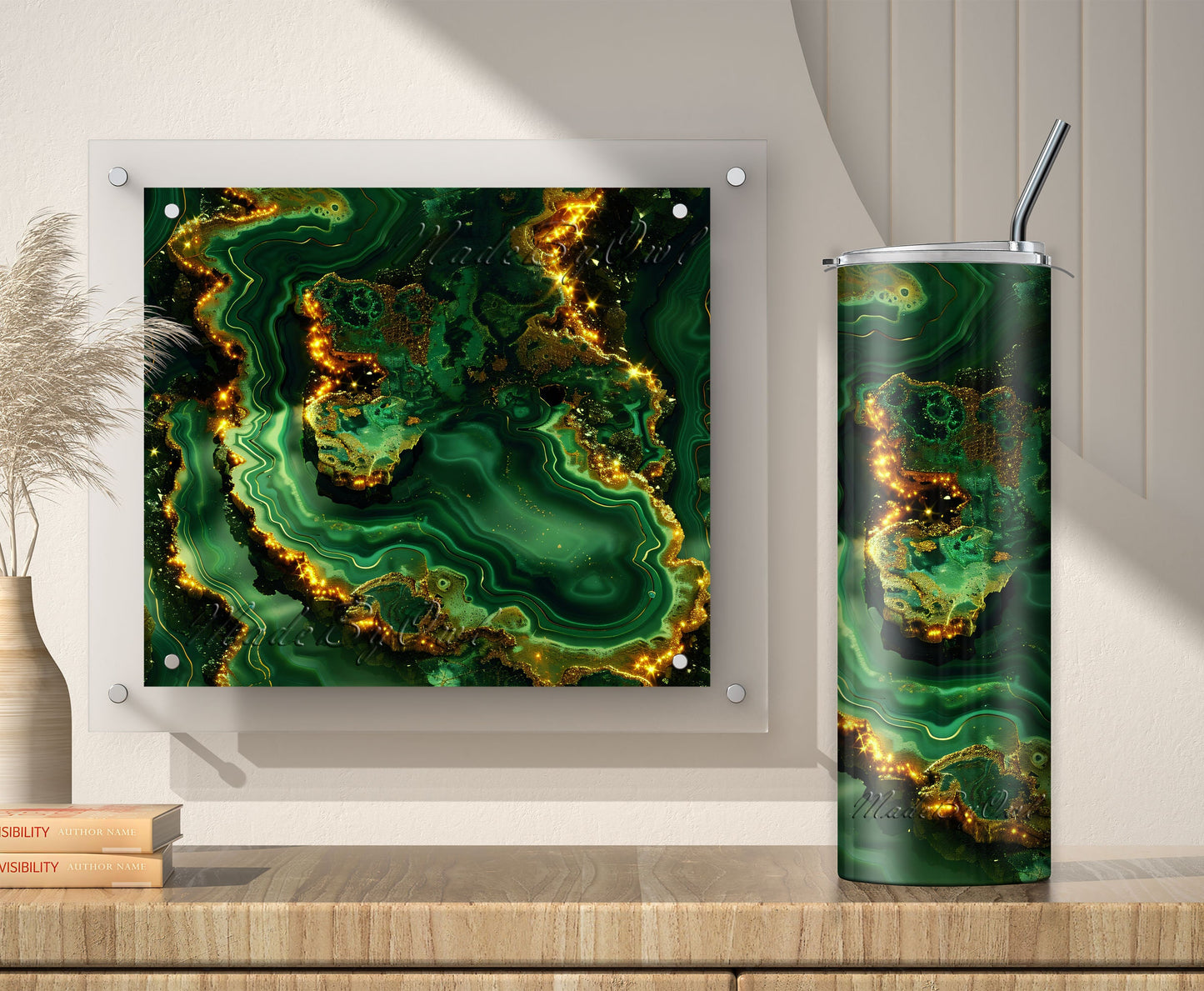 Gold Emerald Green Geode Tumbler Wrap, Sublimation Design PNG, 20oz