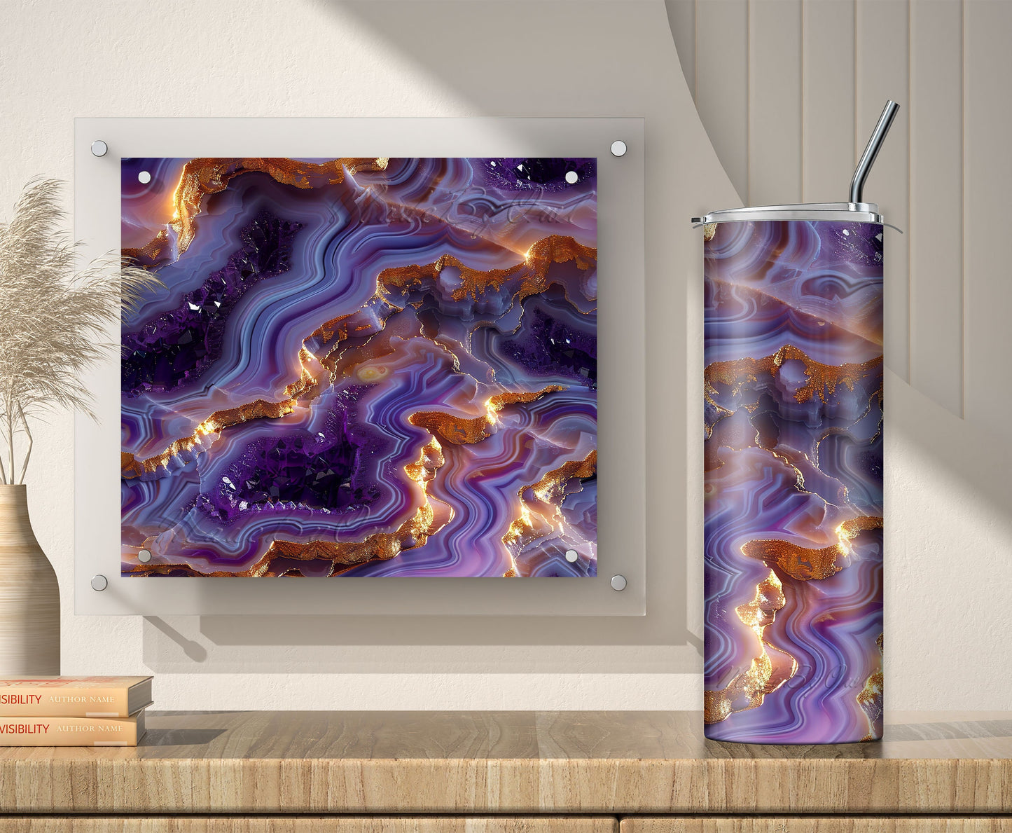Gold Purple Geode Tumbler Wrap Sublimation Design, 3D Agate PNG
