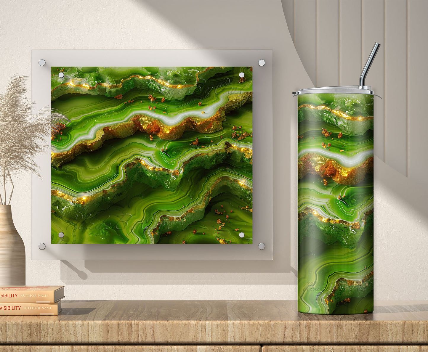 Gold Green Geode Tumbler Wrap Sublimation Design, 3D Agate PNG
