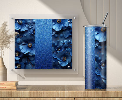 3D Blue Glitter 3D Floral Tumbler Wrap Sublimation Design PNG, Add Your Name
