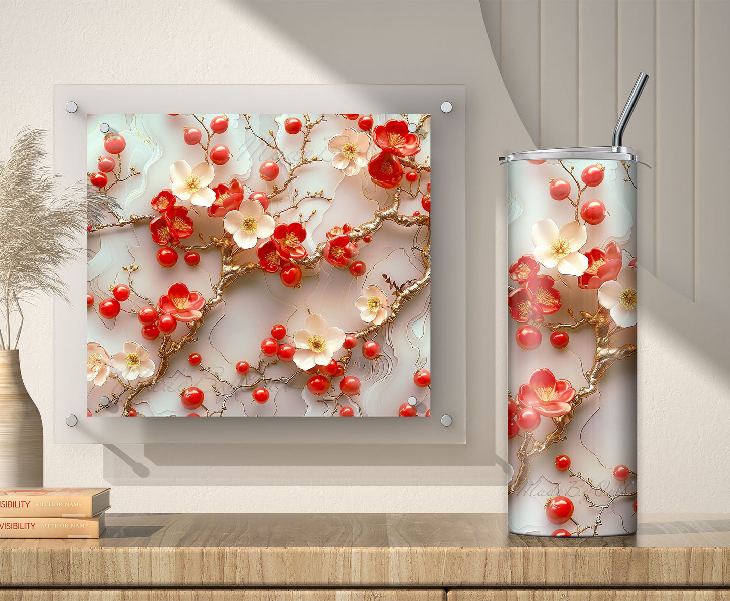 3D Red Gold Floral 20oz Tumbler Wrap, Flowers and Berries Sublimation PNG