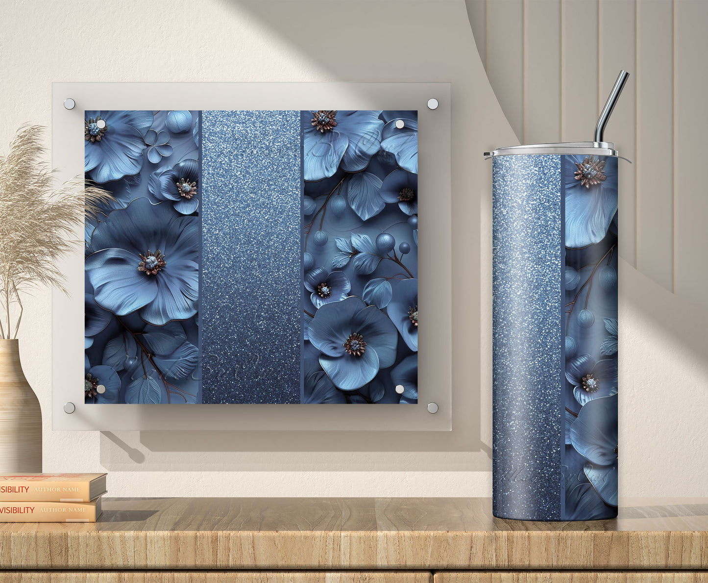 Dusty Blue Glitter 3D Floral Tumbler Wrap Sublimation Design PNG, Add Your Name