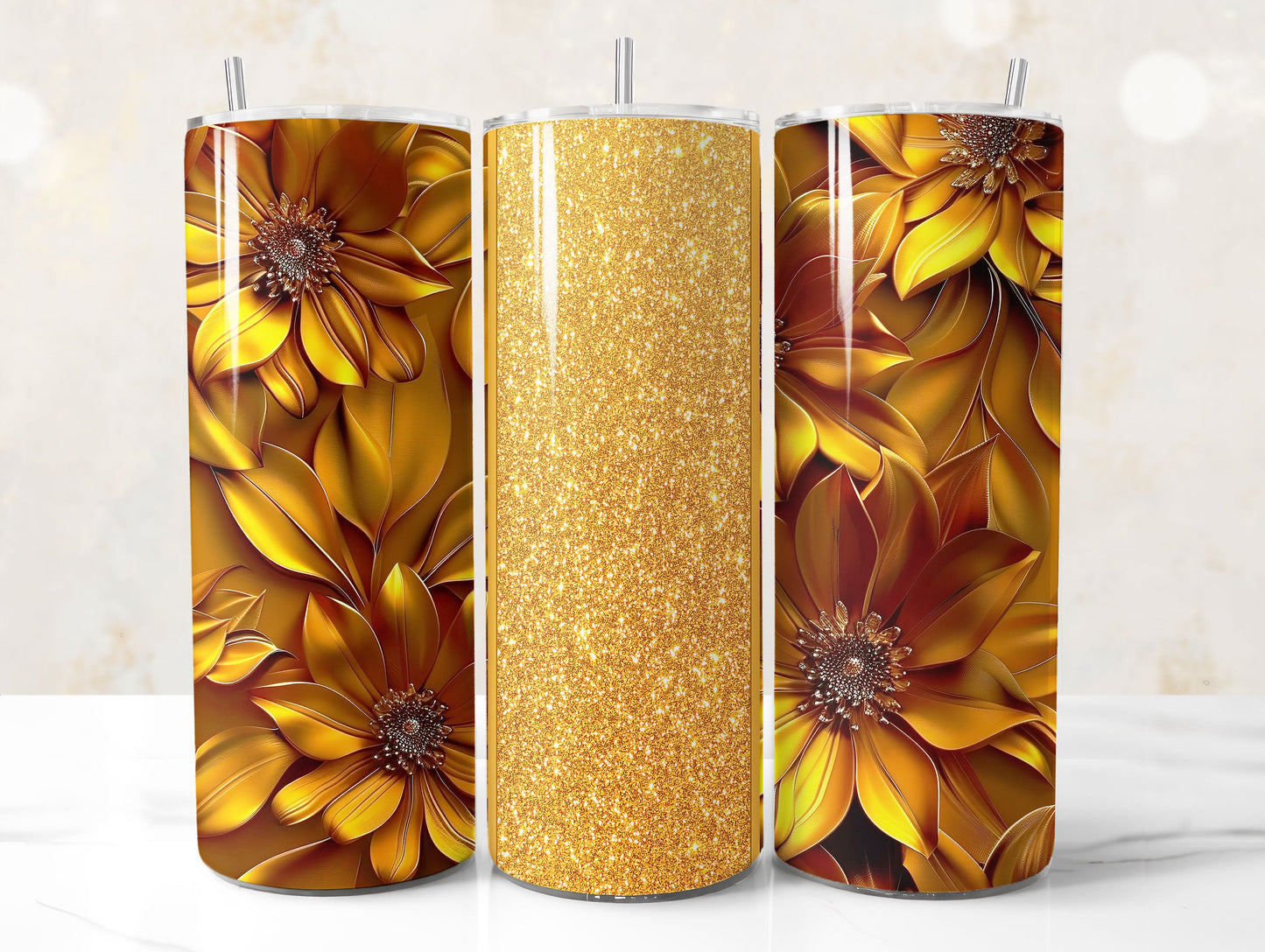 Gold Glitter 3D Floral Tumbler Wrap Sublimation Design PNG, Add Your Name