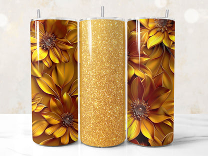 Gold Glitter 3D Floral Tumbler Wrap Sublimation Design PNG, Add Your Name