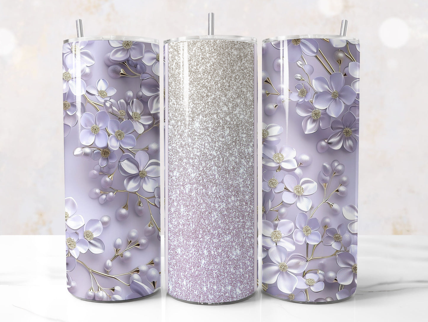 Lilac Glitter 3D Floral Tumbler Wrap Sublimation Design PNG, Add Your Name
