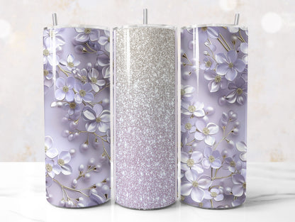 Lilac Glitter 3D Floral Tumbler Wrap Sublimation Design PNG, Add Your Name