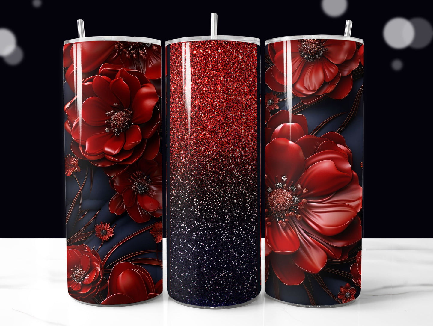 Red and Navy Blue 3D Glitter Floral Tumbler Wrap Sublimation Design PNG, Add Your Name