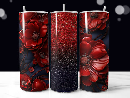 Red and Navy Blue 3D Glitter Floral Tumbler Wrap Sublimation Design PNG, Add Your Name