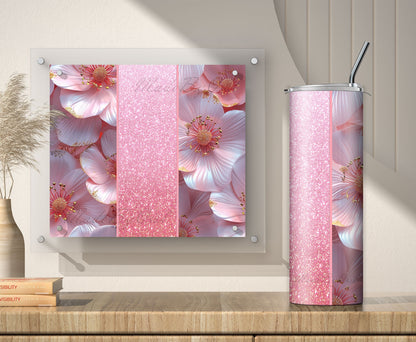 3D Pink Floral Tumbler Wrap Sublimation Design PNG, Add Your Name