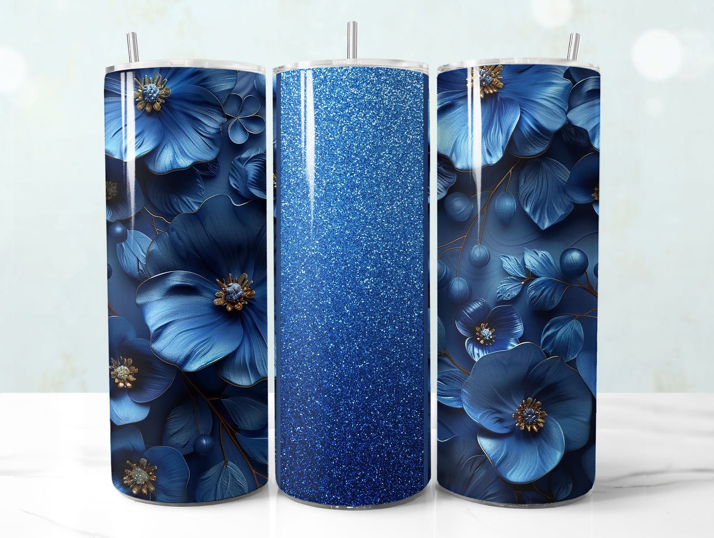 3D Blue Glitter 3D Floral Tumbler Wrap Sublimation Design PNG, Add Your Name