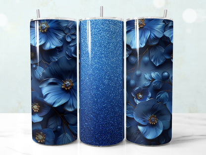 3D Blue Glitter 3D Floral Tumbler Wrap Sublimation Design PNG, Add Your Name