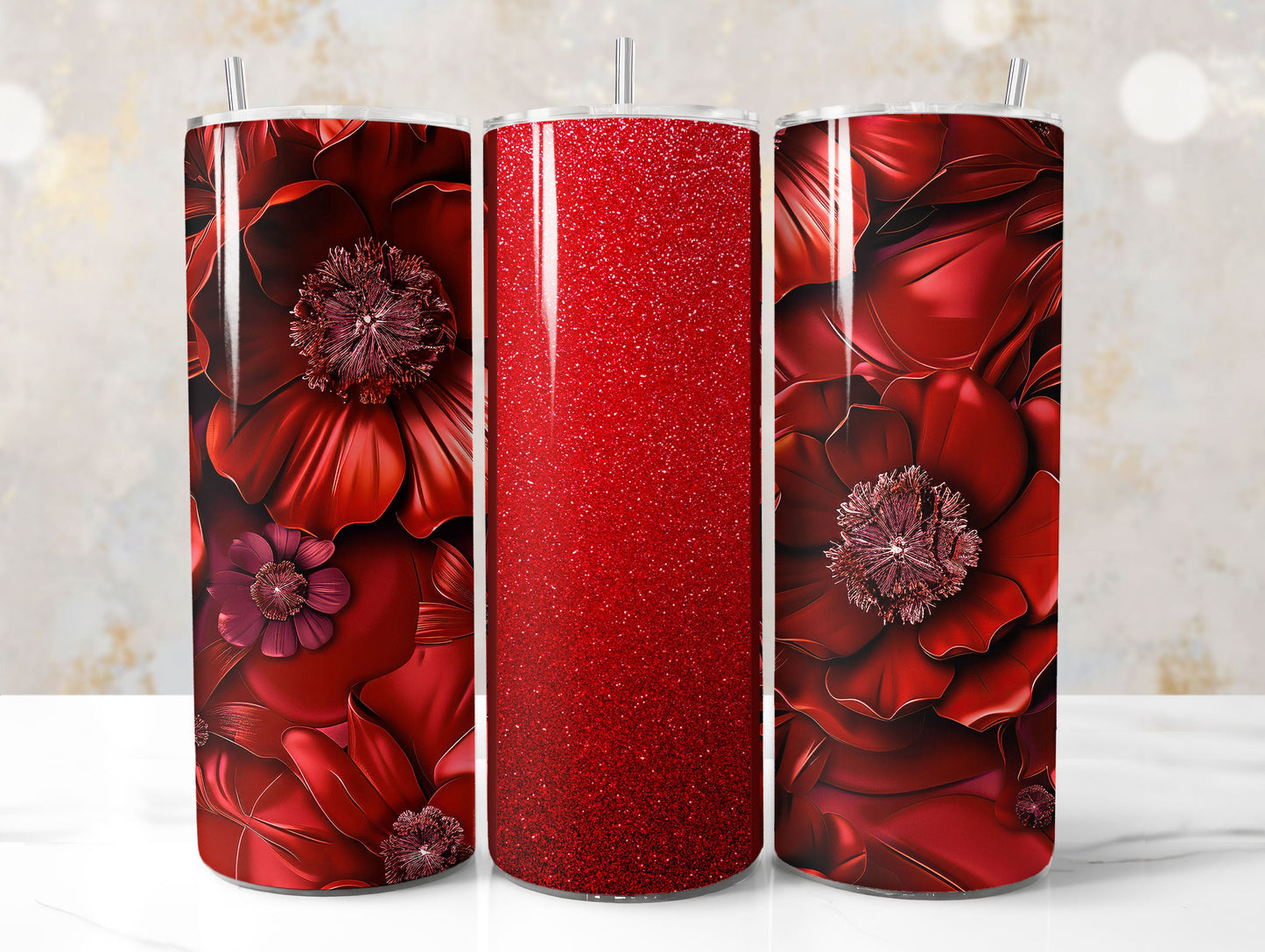 Red Glitter 3D Floral Tumbler Wrap Sublimation Design PNG, Add Your Name