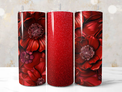 Red Glitter 3D Floral Tumbler Wrap Sublimation Design PNG, Add Your Name