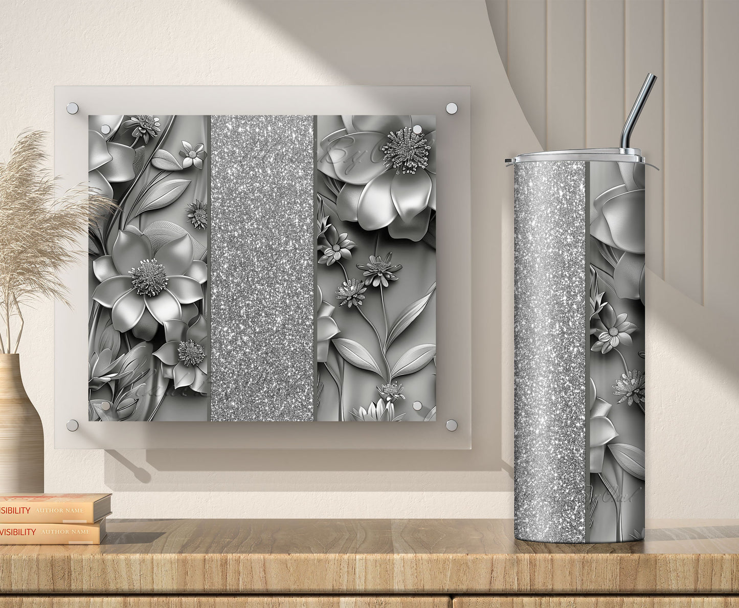 Silver 3D Floral Tumbler Wrap Sublimation Design PNG, Add Your Name