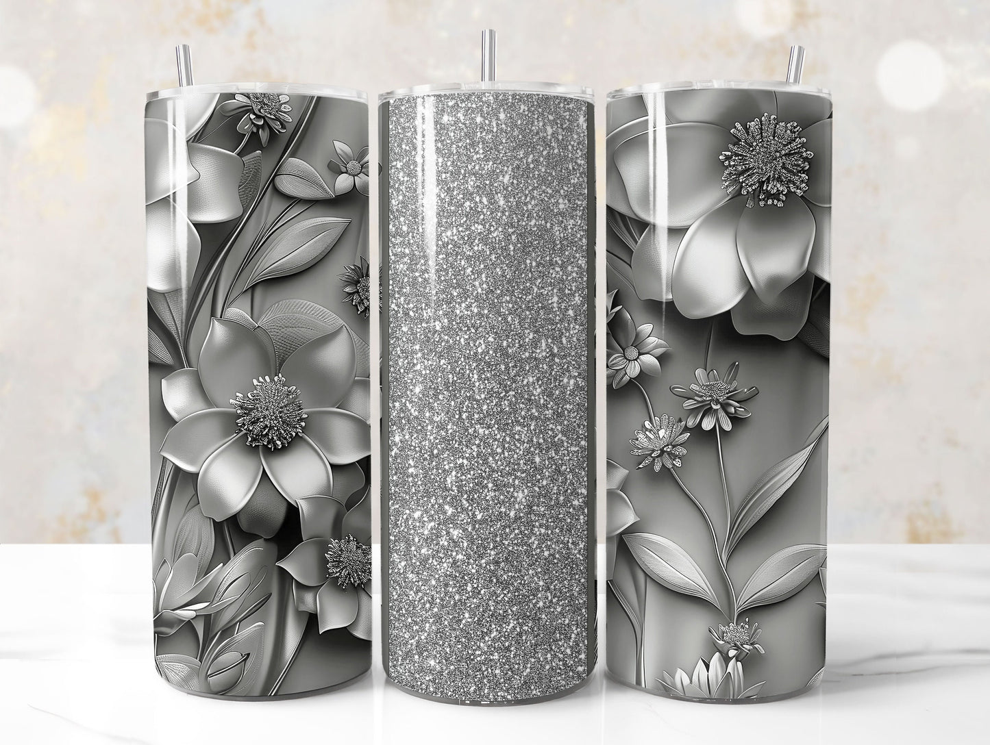 Silver 3D Floral Tumbler Wrap Sublimation Design PNG, Add Your Name