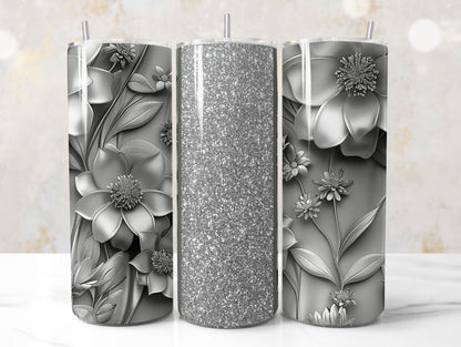 Silver 3D Floral Tumbler Wrap Sublimation Design PNG, Add Your Name