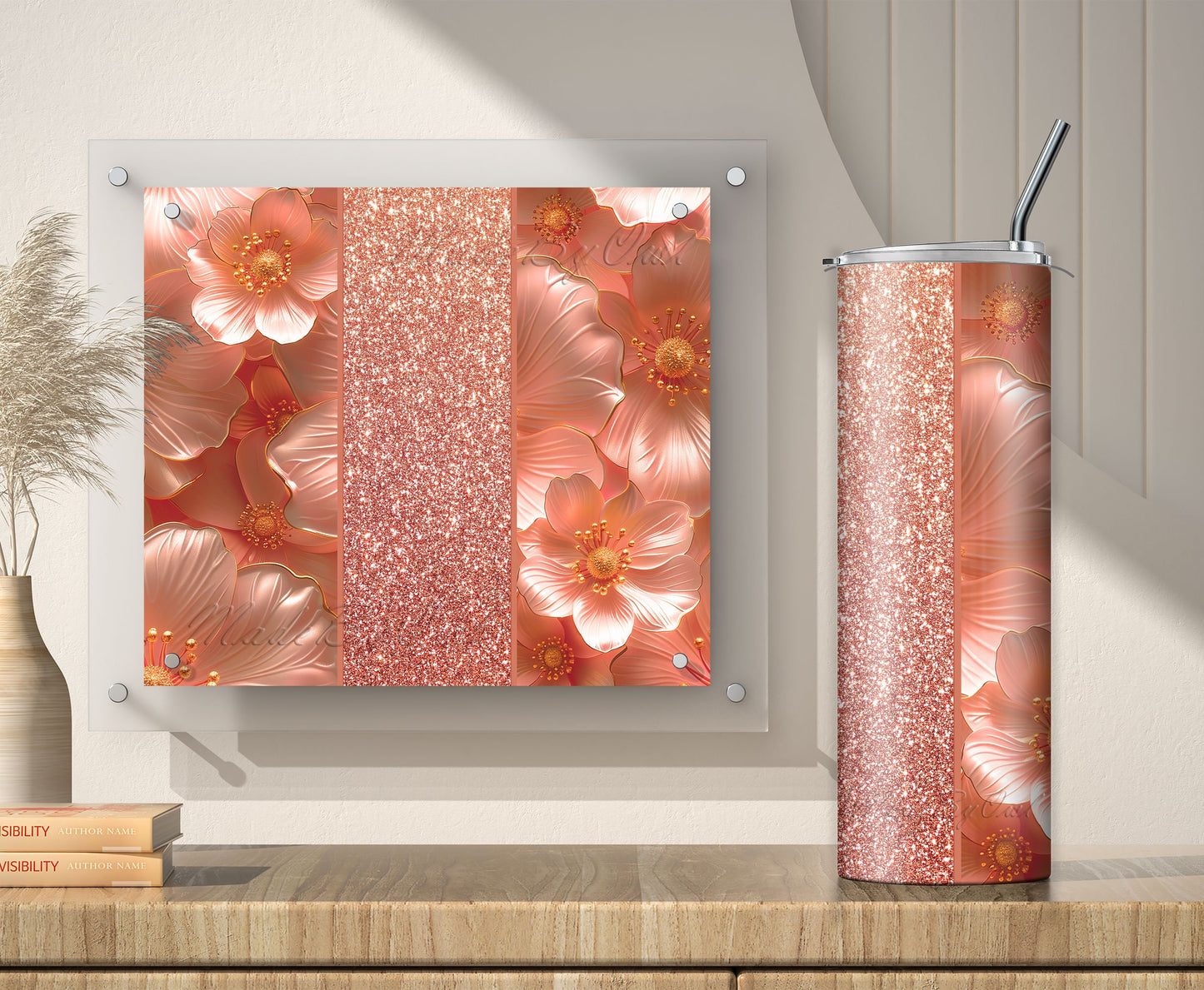 Rose Gold Glitter 3D Floral Tumbler Wrap Sublimation Design PNG, Add Your Name