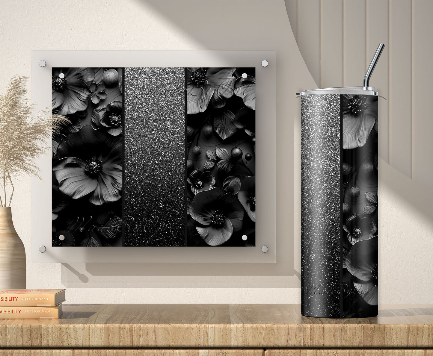 Black Glitter 3D Floral Tumbler Wrap Sublimation Design PNG, Add Your Name