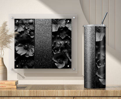 Black Glitter 3D Floral Tumbler Wrap Sublimation Design PNG, Add Your Name