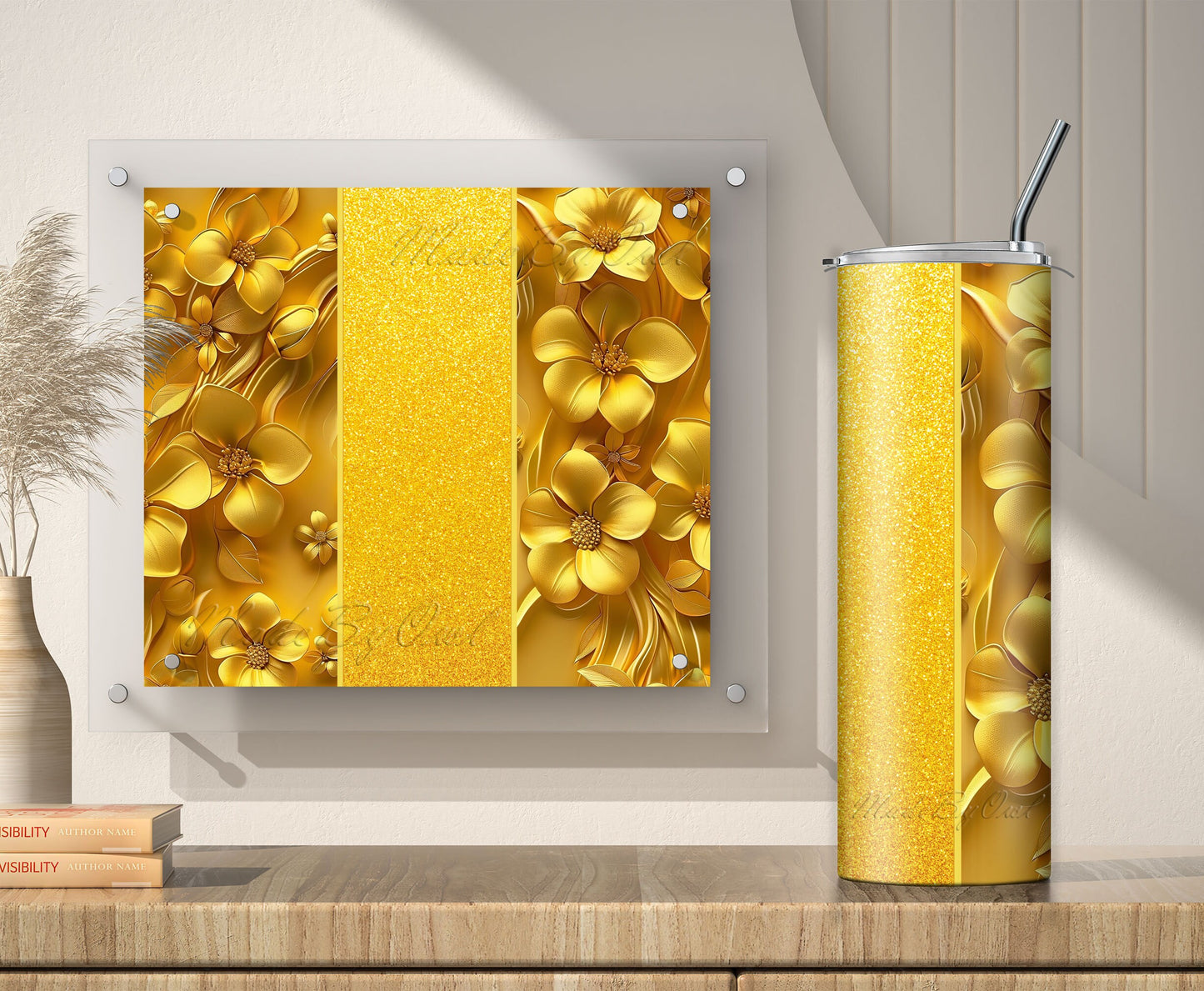 Yellow Glitter 3D Floral Tumbler Wrap Sublimation Design PNG, Add Your Name