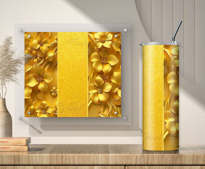 Yellow Glitter 3D Floral Tumbler Wrap Sublimation Design PNG, Add Your Name