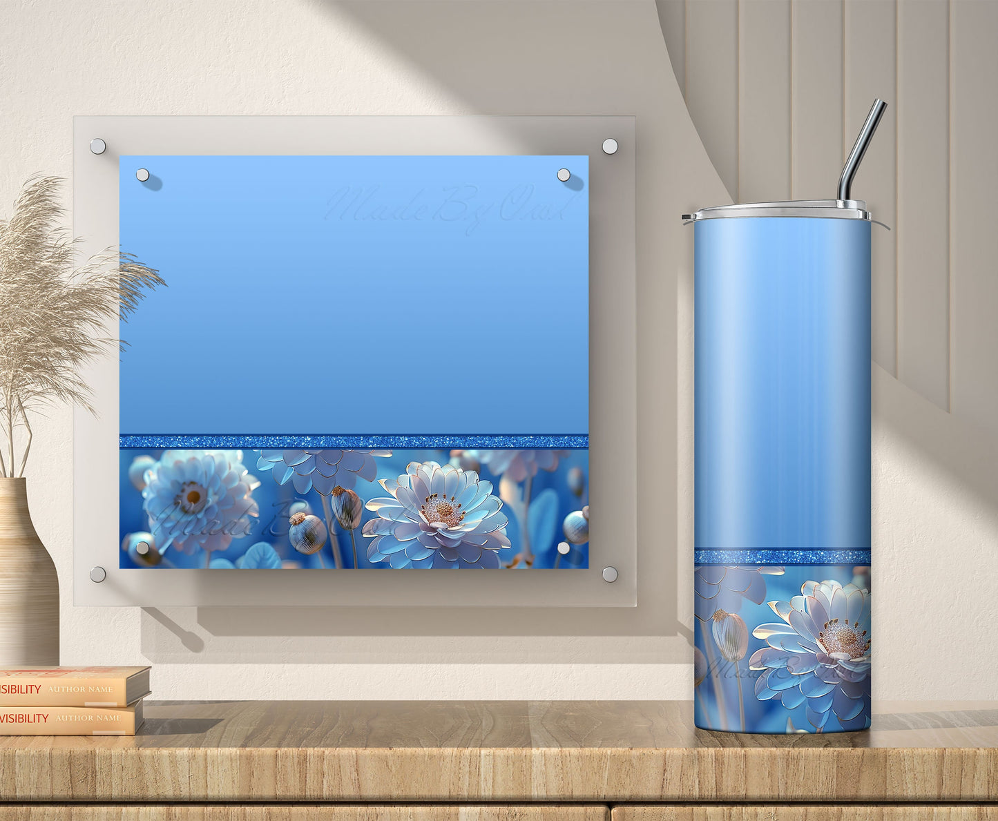 Light Blue Floral Tumbler Wrap Sublimation Design PNG, Add Your Name