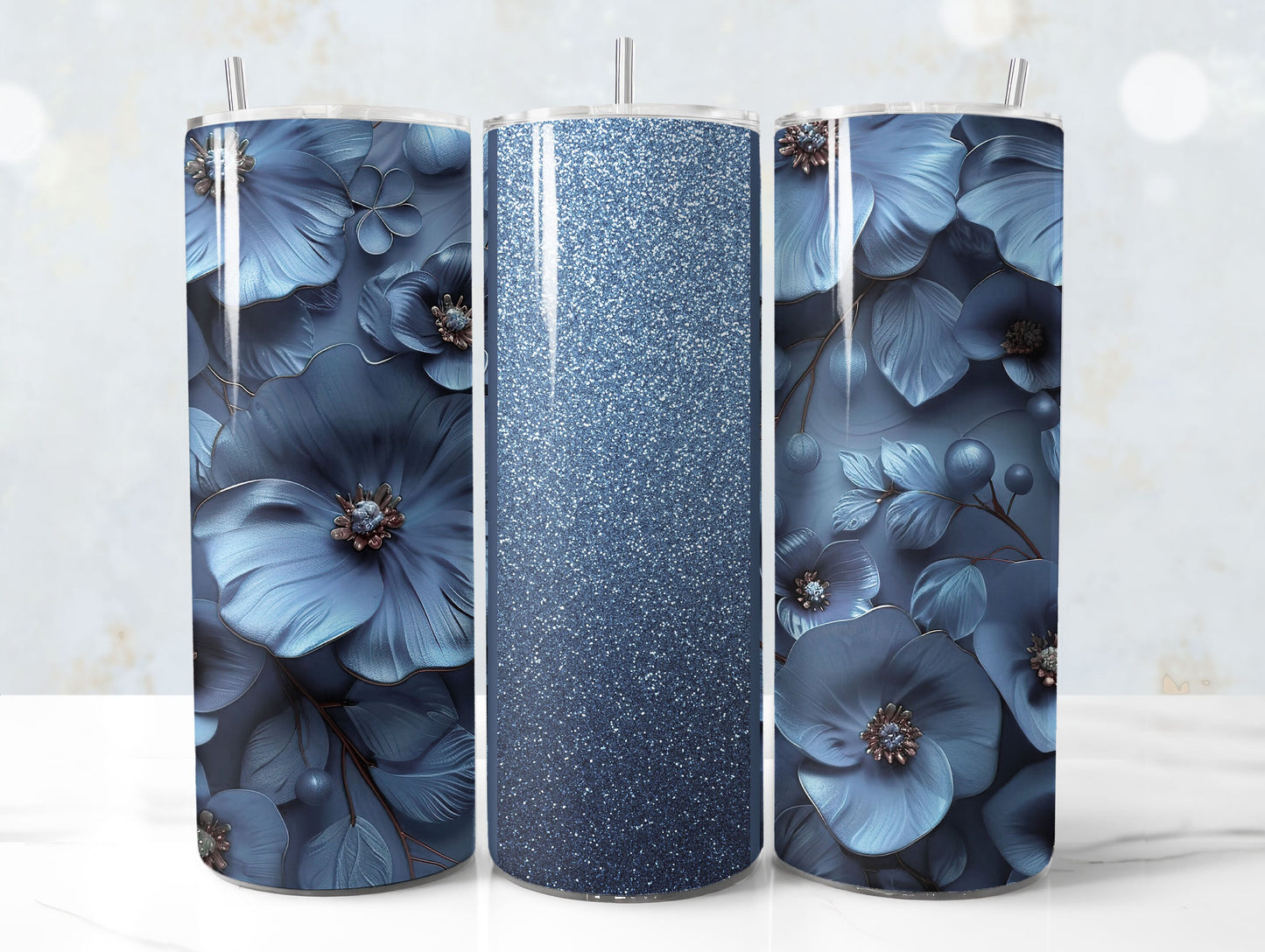 Dusty Blue Glitter 3D Floral Tumbler Wrap Sublimation Design PNG, Add Your Name