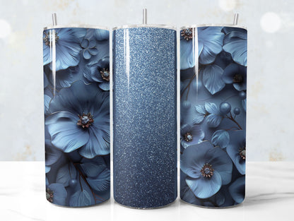 Dusty Blue Glitter 3D Floral Tumbler Wrap Sublimation Design PNG, Add Your Name