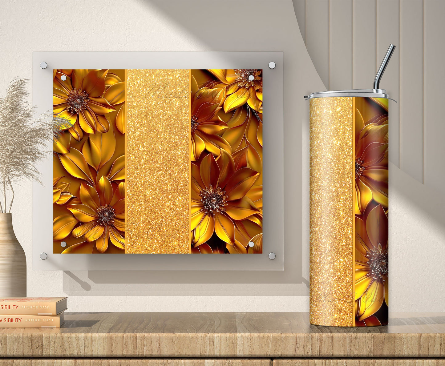 Gold Glitter 3D Floral Tumbler Wrap Sublimation Design PNG, Add Your Name