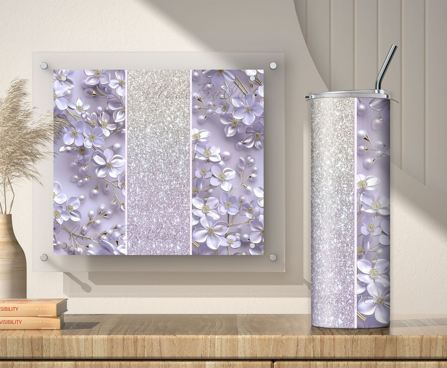 Lilac Glitter 3D Floral Tumbler Wrap Sublimation Design PNG, Add Your Name