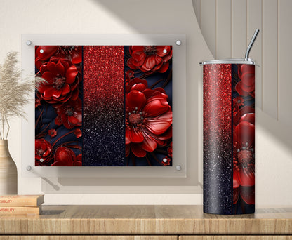 Red and Navy Blue 3D Glitter Floral Tumbler Wrap Sublimation Design PNG, Add Your Name