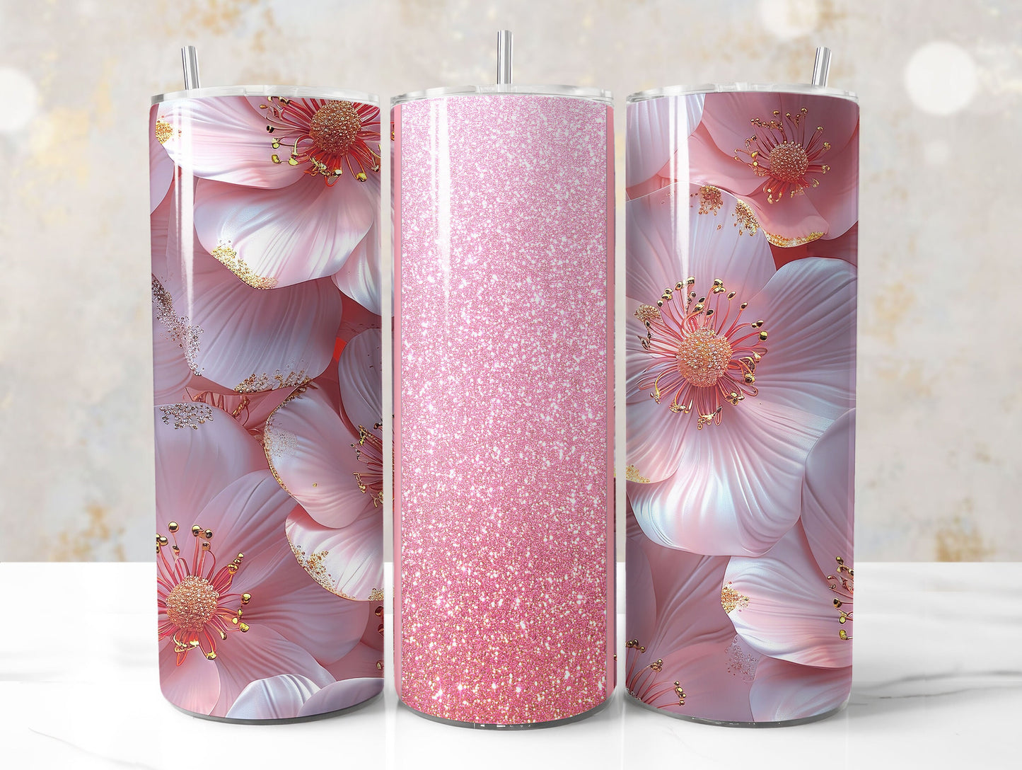3D Pink Floral Tumbler Wrap Sublimation Design PNG, Add Your Name