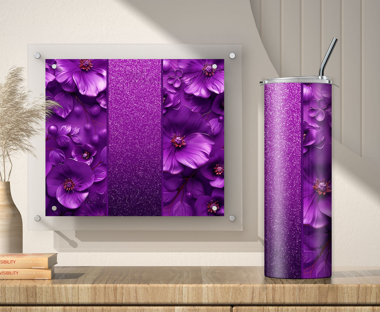 Purple Glitter 3D Floral Tumbler Wrap Sublimation Design PNG, Add Your Name