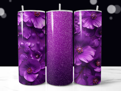 Purple Glitter 3D Floral Tumbler Wrap Sublimation Design PNG, Add Your Name