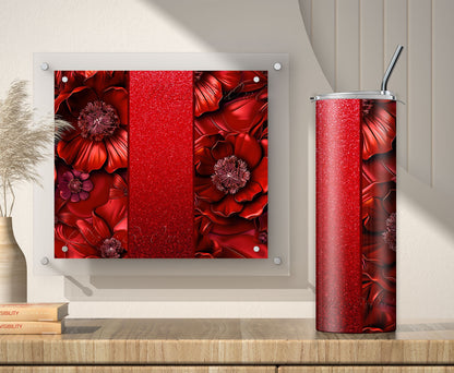 Red Glitter 3D Floral Tumbler Wrap Sublimation Design PNG, Add Your Name