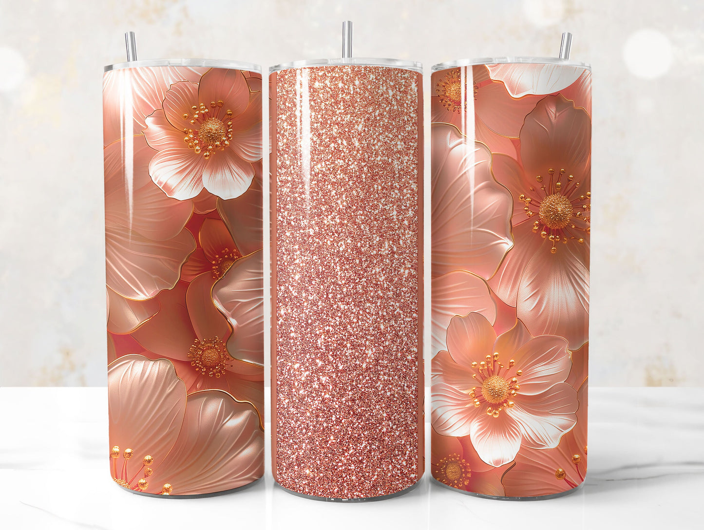 Rose Gold Glitter 3D Floral Tumbler Wrap Sublimation Design PNG, Add Your Name