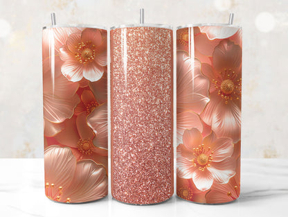 Rose Gold Glitter 3D Floral Tumbler Wrap Sublimation Design PNG, Add Your Name