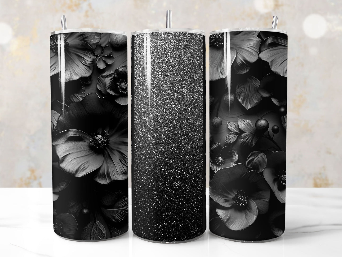 Black Glitter 3D Floral Tumbler Wrap Sublimation Design PNG, Add Your Name