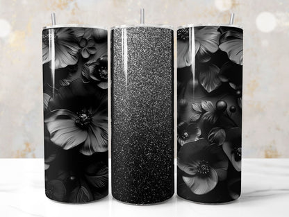 Black Glitter 3D Floral Tumbler Wrap Sublimation Design PNG, Add Your Name