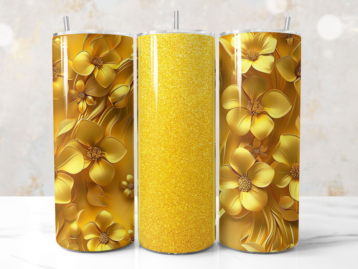 Yellow Glitter 3D Floral Tumbler Wrap Sublimation Design PNG, Add Your Name