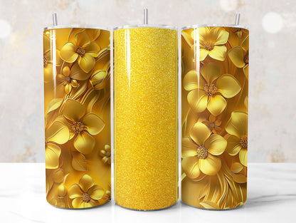 Yellow Glitter 3D Floral Tumbler Wrap Sublimation Design PNG, Add Your Name