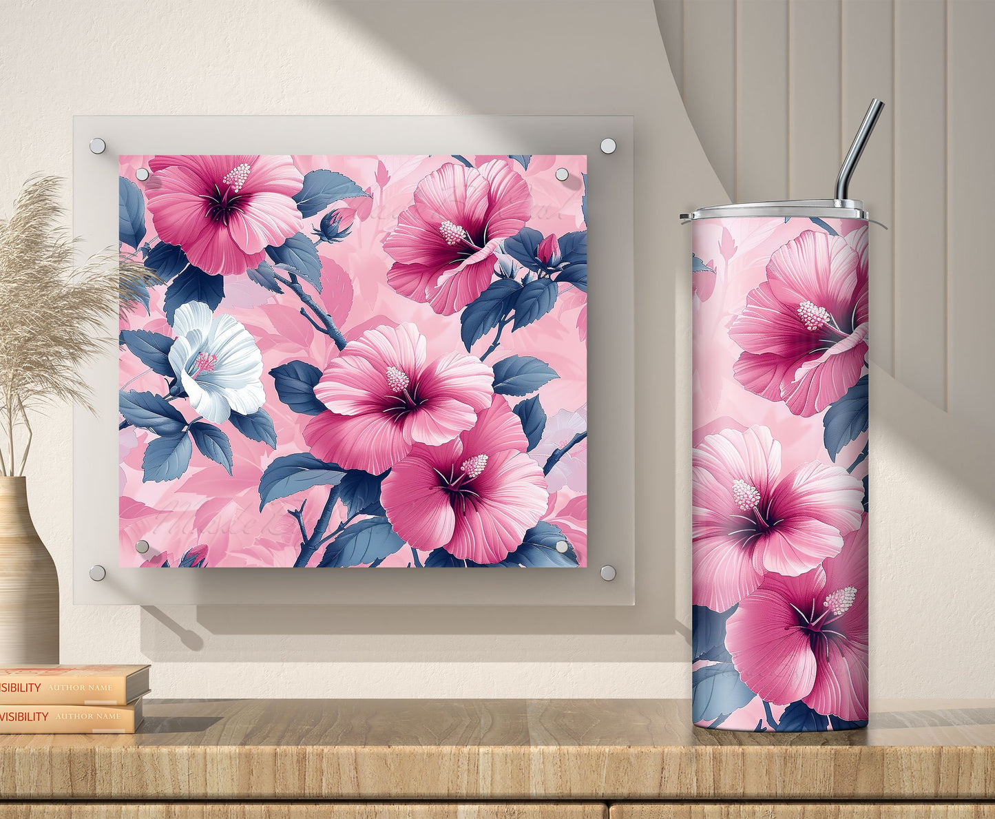 Pink Floral Tumbler Wrap, Retro Hibiscus Tumbler Wrap PNG