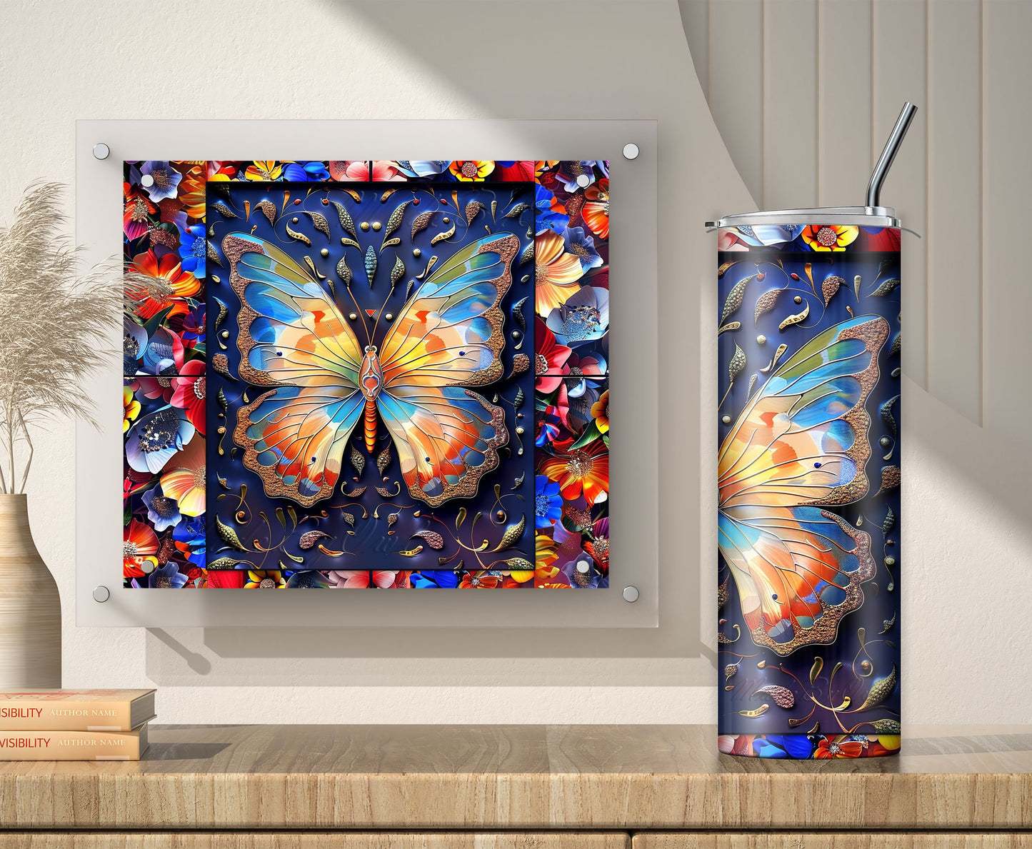 3D Butterfly and Flowers Tumbler Wrap, Sublimation Design PNG