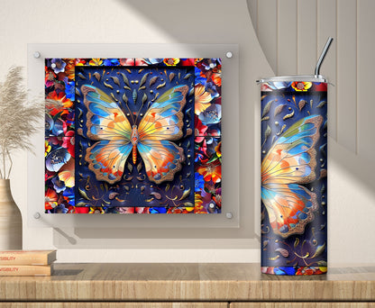 3D Butterfly and Flowers Tumbler Wrap, Sublimation Design PNG