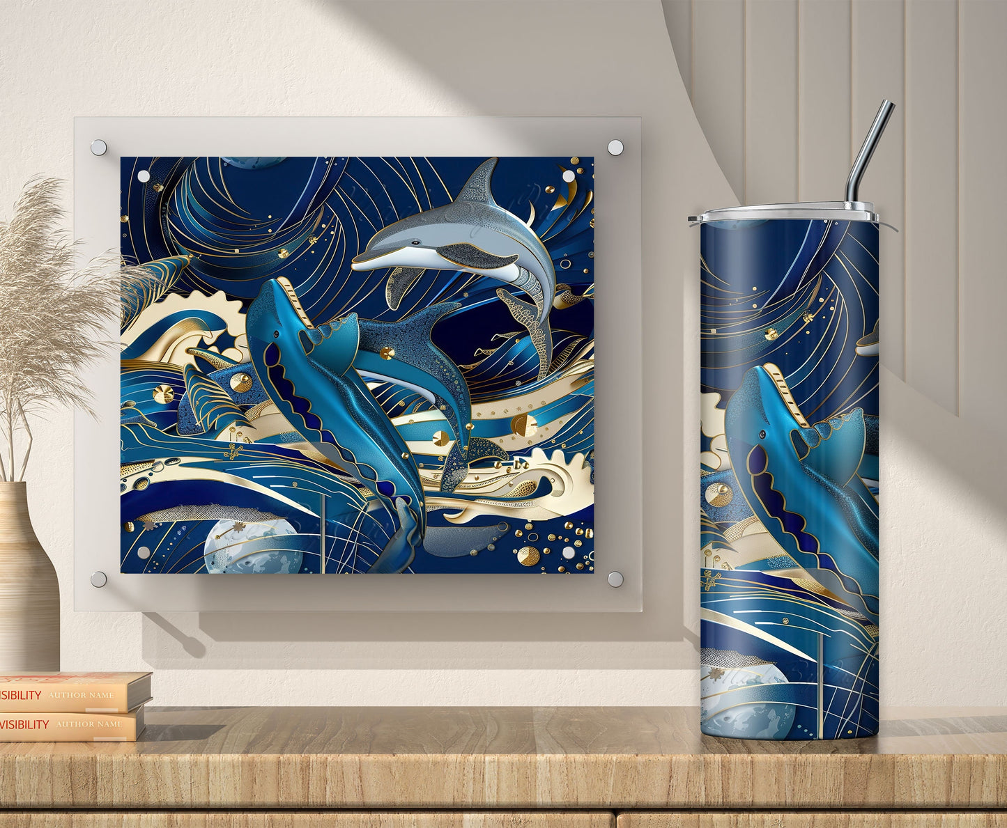 Whales and Dolphins Tumbler Wrap, Art Deco 20oz Sublimation Design PNG