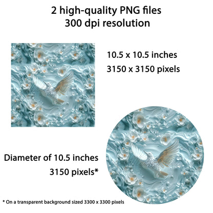 Illustration showing two digital PNG files included in download, one round and one square, with file type and size clearly indicated for 3D Flying Bird Wind Spinner sublimation design.