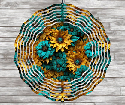 Yellow and Teal 3D Sunflowers Wind Spinner Sublimation Design